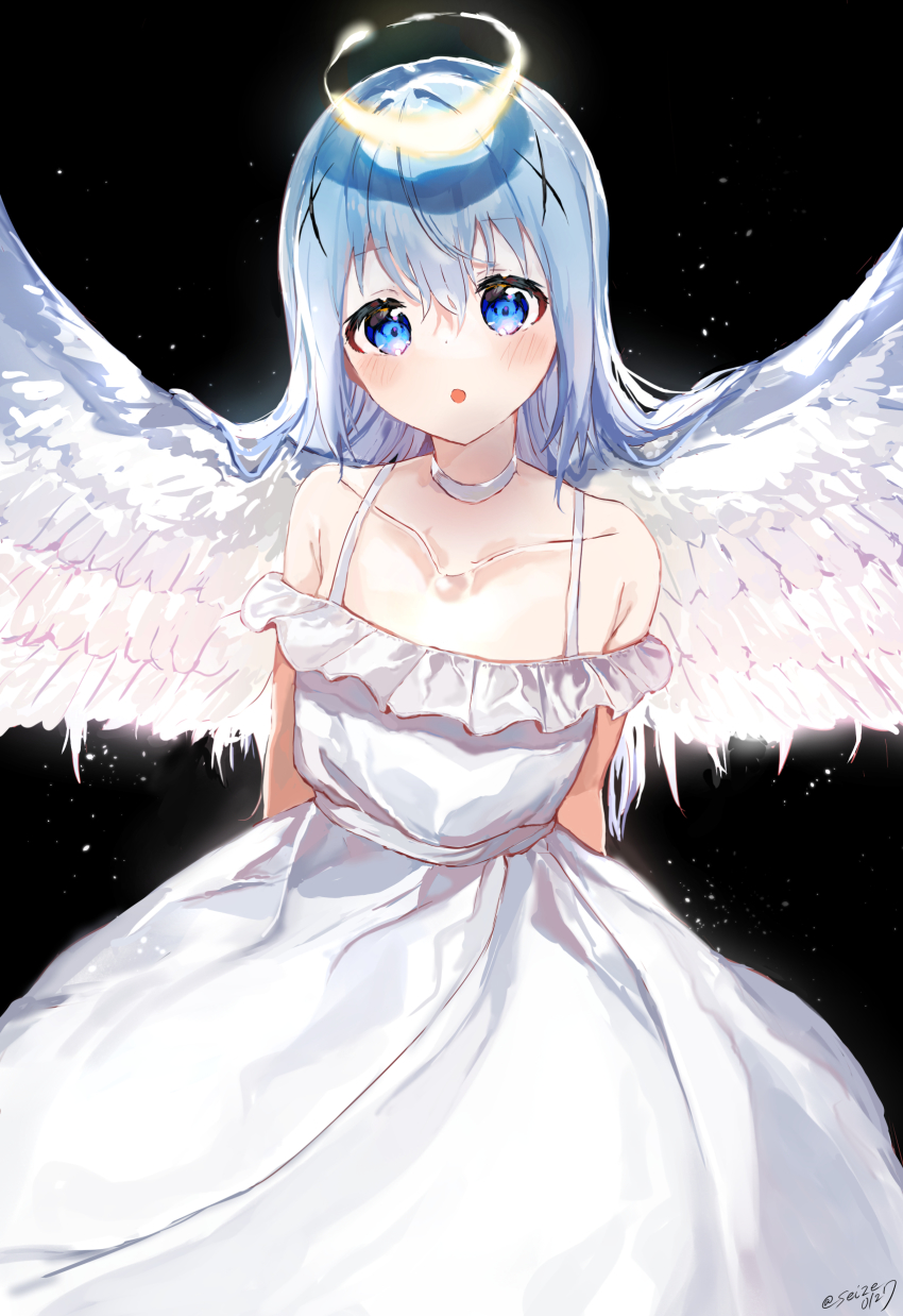 1girl, :o, absurdres, angel, angel_wings, arms_behind_back, bare_shoulders, black_background, blue_eyes, blue_hair, choker, collarbone, commentary_request, dress, feathered_wings, gochuumon_wa_usagi_desu_ka?, hair_between_eyes, hair_ornament, halo, highres, kafuu_chino, long_hair, looking_at_viewer, open_mouth, seize, simple_background, solo, spread_wings, sundress, upper_body, white_choker, white_dress, white_wings, wings, x_hair_ornament