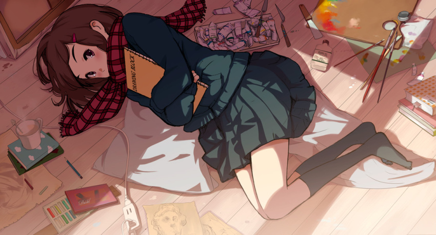 1girl, art_brush, black_socks, blush, brown_hair, cup, electrical_outlet, female_focus, hair_ornament, hairclip, hanaosutarou, hugging_object, kneehighs, legs, lying, messy_room, mug, oekaki_musume, on_floor, on_side, original, paint, paintbrush, paint_palette, plaid_clothes, plaid_scarf, scarf, school_uniform, shade, short_hair, sketchbook, skirt, socks, solo, window_shadow