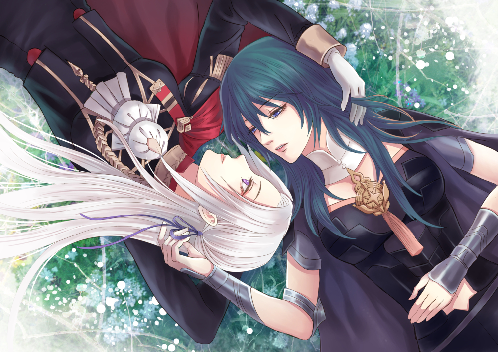 2girls, ascot, black_jacket, blue_eyes, blue_hair, female_byleth_(fire_emblem), clothing_cutout, edelgard_von_hresvelg, eye_contact, fire_emblem, fire_emblem:_three_houses, forehead, garreg_mach_monastery_uniform, gloves, hair_ribbon, jacket, long_hair, long_sleeves, looking_at_another, multiple_girls, navel_cutout, nintendo, profile, purple_eyes, purple_ribbon, ribbon, silver_hair, upper_body, vambraces, white_ascot, white_gloves, yueciel, yuri