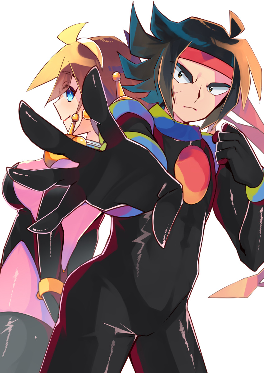1boy, 1girl, 2y_(tsuyu), absurdres, back-to-back, black_bodysuit, black_hair, bodysuit, breasts, brown_eyes, brown_hair, clenched_hand, domon_kasshu, g_gundam, gundam, headband, highres, looking_at_viewer, looking_back, mecha_pilot_suit, medium_breasts, mobile_trace_suit, open_hand, pilot_suit, pink_bodysuit, rain_mikamura, red_headband, sanpaku, short_hair, skin_tight, smile