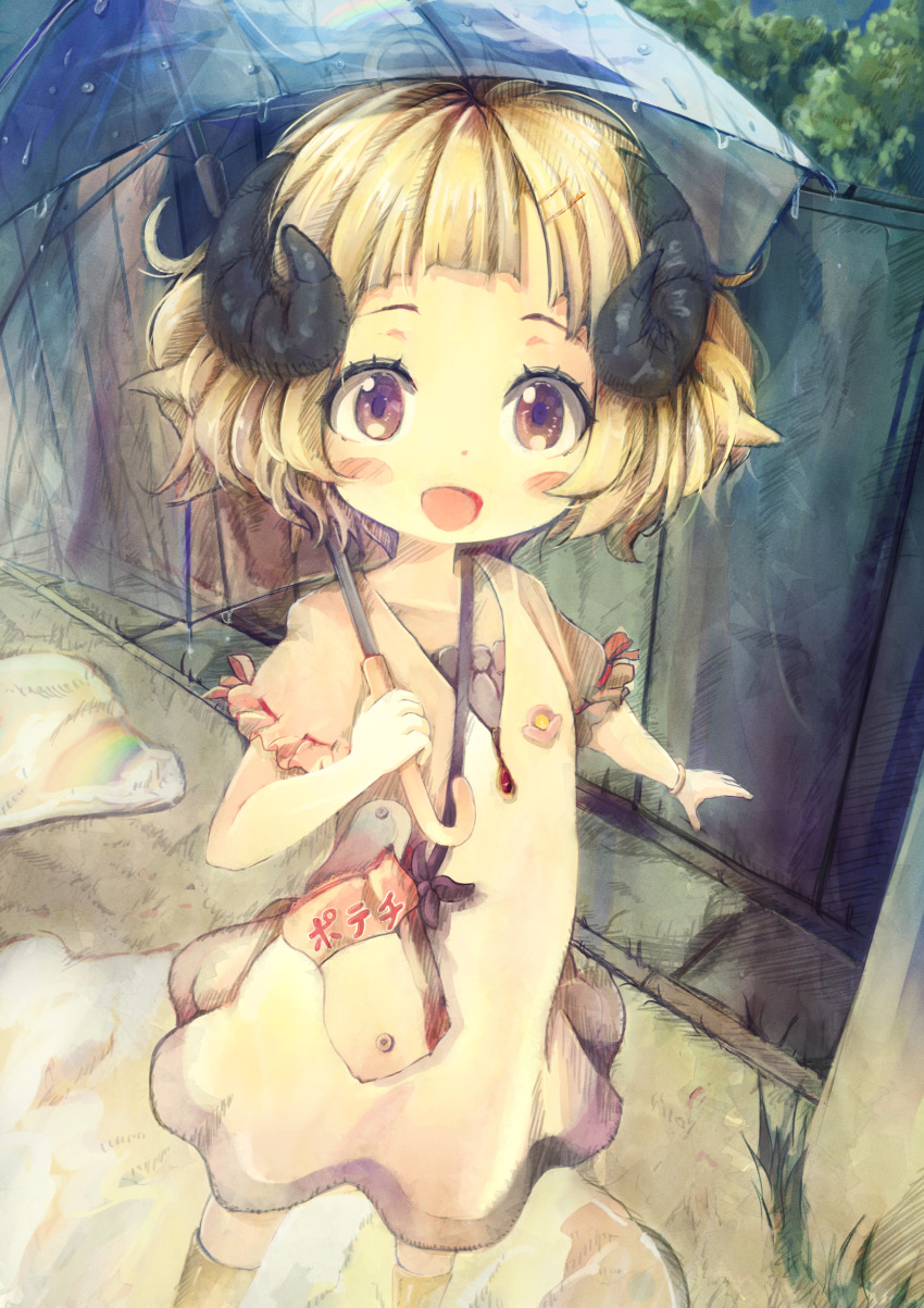 1girl, :d, absurdres, aged_down, blonde_hair, blunt_bangs, blush_stickers, chibimame