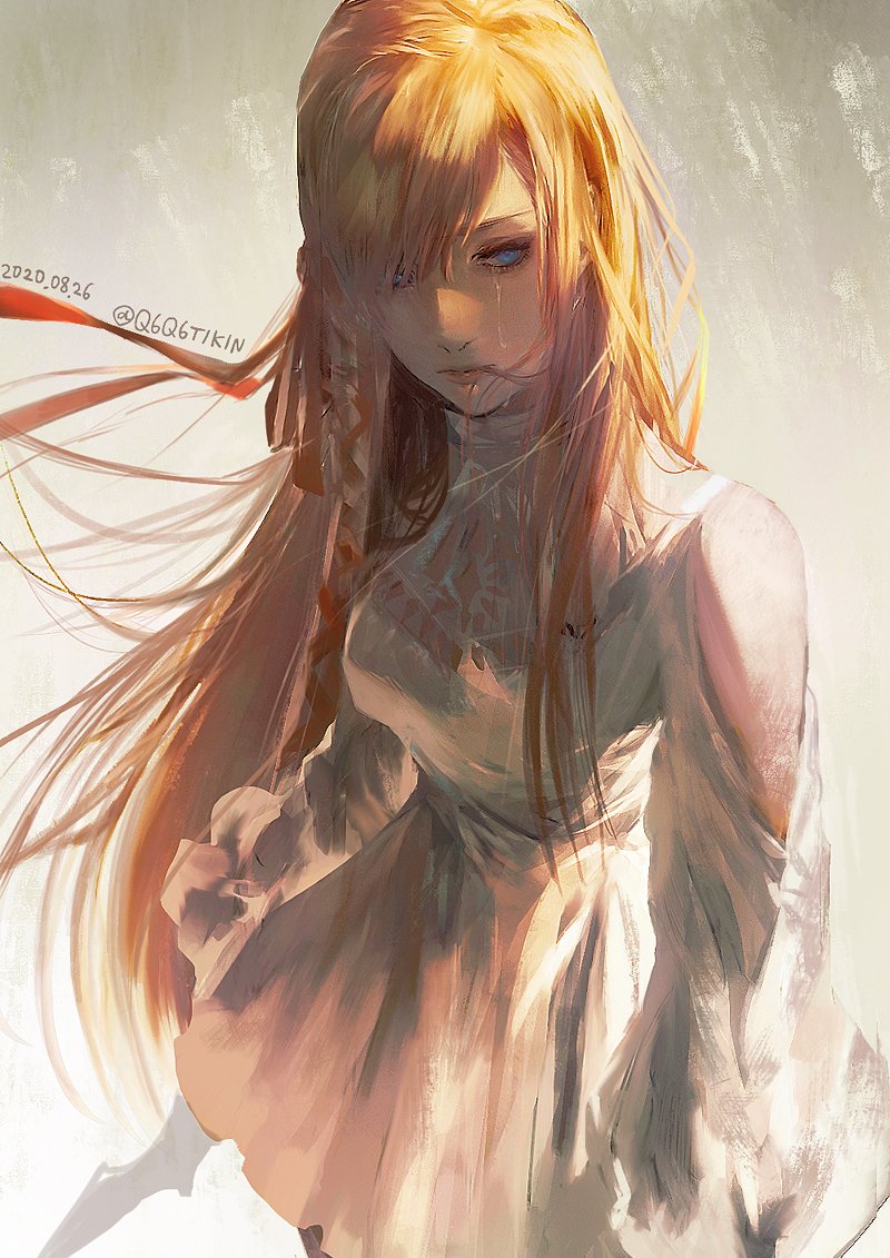 1girl, blue_eyes, commentary, crying, dated, dress, final_fantasy, final_fantasy_xiv