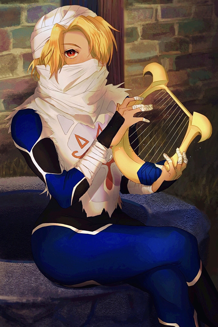 1girl, 756zl, androgynous, blonde_hair, bodysuit, brick_wall, crossed_legs, finger_wrap, hair_over_one_eye, harp, highres, instrument, looking_at_viewer, mask, nintendo, red_eyes, sheik, sitting, solo, the_legend_of_zelda, the_legend_of_zelda:_ocarina_of_time, turban