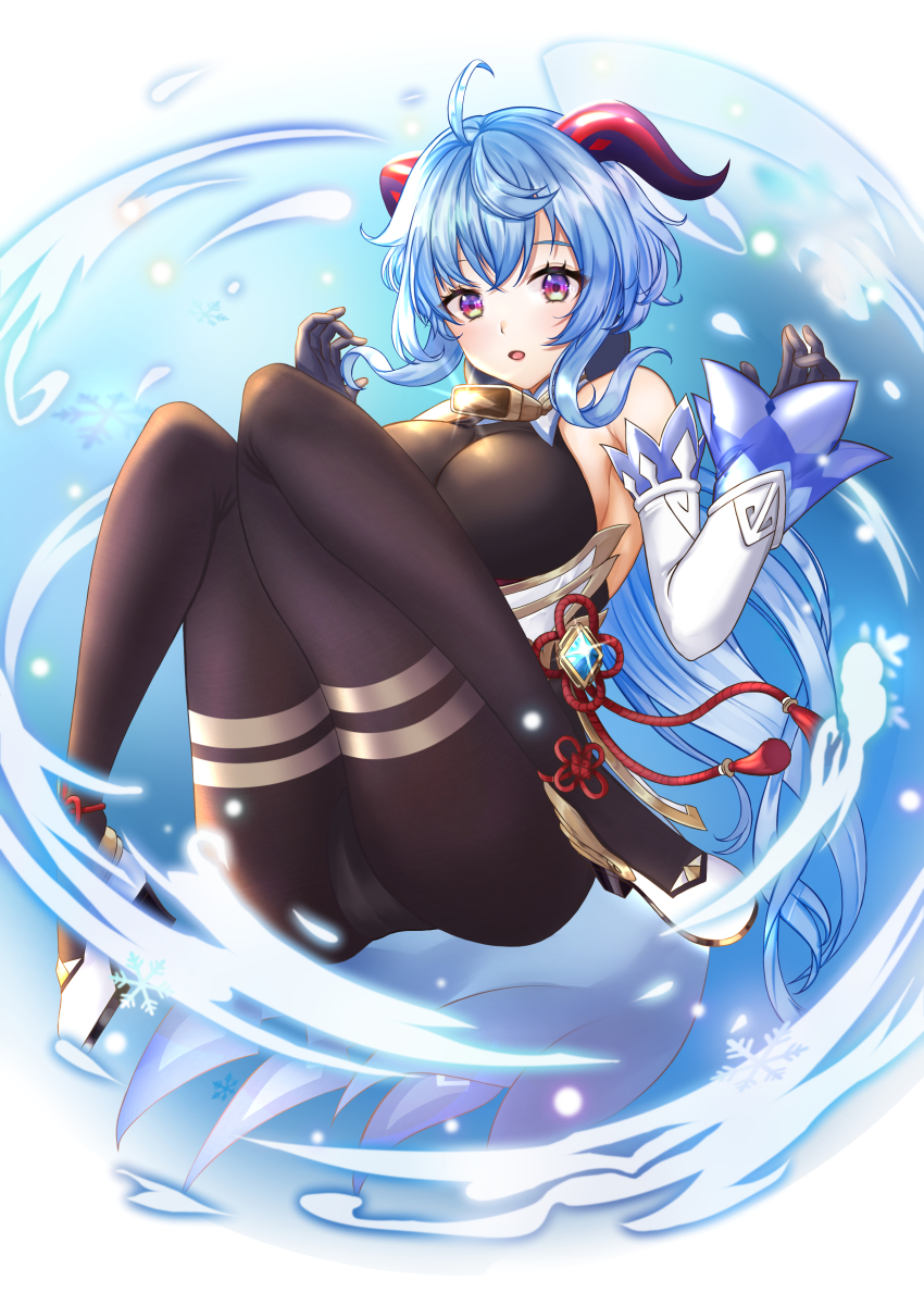 absurdres, ahoge, bare_shoulders, bell, black_pantyhose, blue_hair, bodystocking, bodysuit