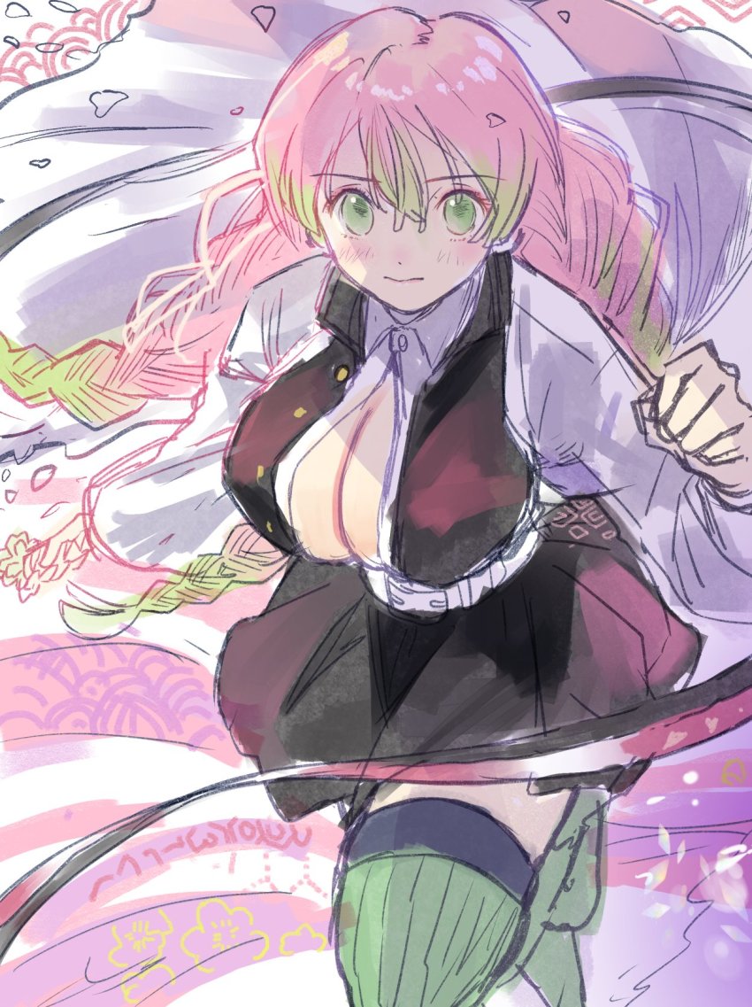 1girl, belt, black_skirt, braid, breasts, closed_mouth, floral_print, fujie-yz, green_eyes, green_hair, green_thighhighs, hair_between_eyes, highres, kanroji_mitsuri, kimetsu_no_yaiba, large_breasts, leg_up, long_hair, long_sleeves, looking_at_viewer, multicolored_hair, petals, pink_hair, sketch, skirt, solo, thighhighs, twin_braids, white_belt
