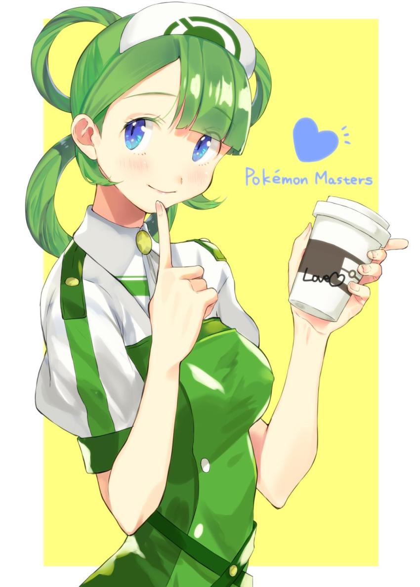 1girl, asymmetrical_bangs, blue_eyes, blush, breasts, copyright_name, cup, disposable_cup