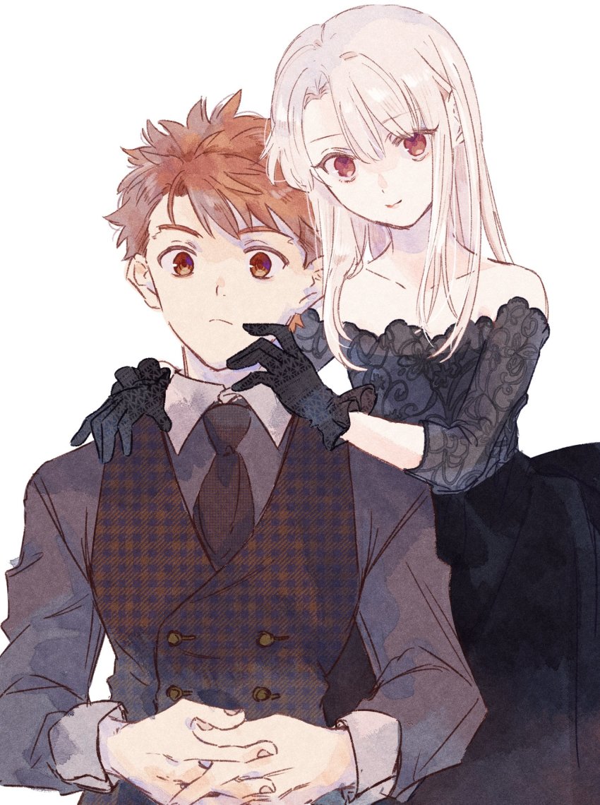 1boy, 1girl, alternate_costume, black_dress, black_gloves, black_necktie, black_skirt, black_suit, black_vest, brother_and_sister, buttons, closed_mouth, collarbone, commentary, dress, emiya_shirou, fate/stay_night, fate_(series), fingernails, formal_clothes, gloves, hair_between_eyes, hands_on_another's_face, hands_on_another's_shoulder, highres, illyasviel_von_einzbern, lips, long_hair, long_sleeves, looking_at_viewer, machi_(uqyjee), necktie, off-shoulder_dress, off_shoulder, orange_eyes, orange_hair, own_hands_together, pink_lips, pointy_hair, red_eyes, short_hair, siblings, silver_hair, simple_background, skirt, smile, suit, vest, white_background