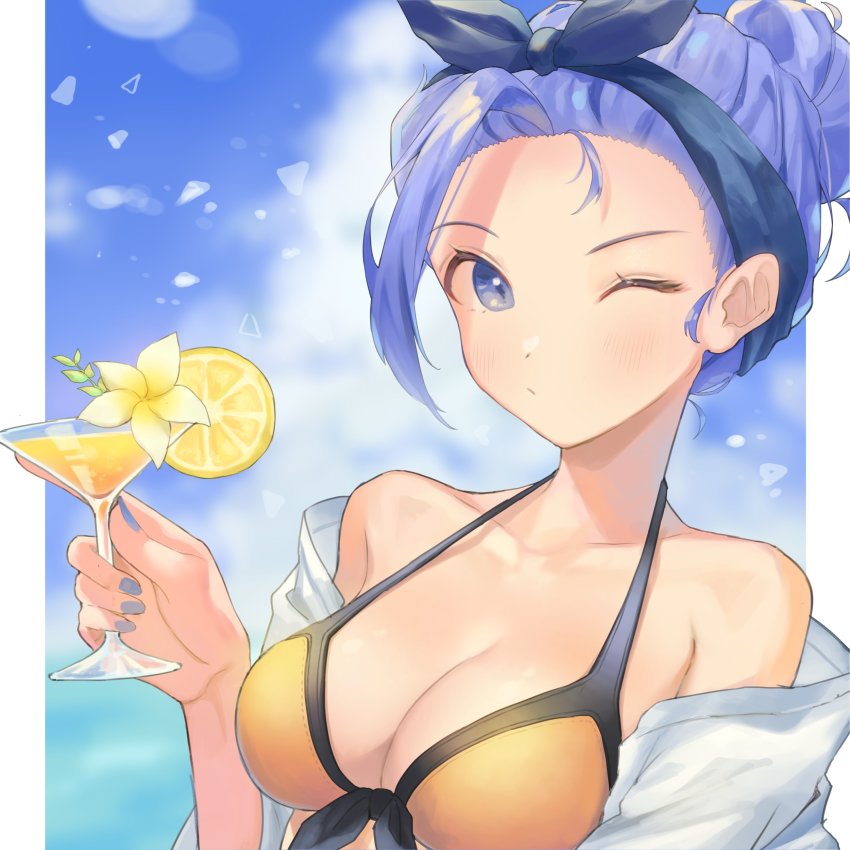 1girl, absurdres, bare_shoulders, bikini, blue_eyes, blue_hair, blue_nails, blush