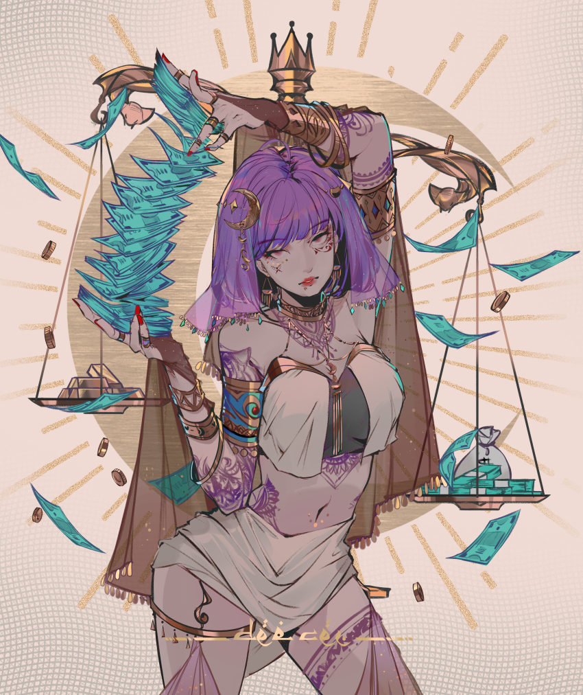 1girl, absurdres, arabic_commentary, arm_up, armlet, black_veil, bracelet, coin