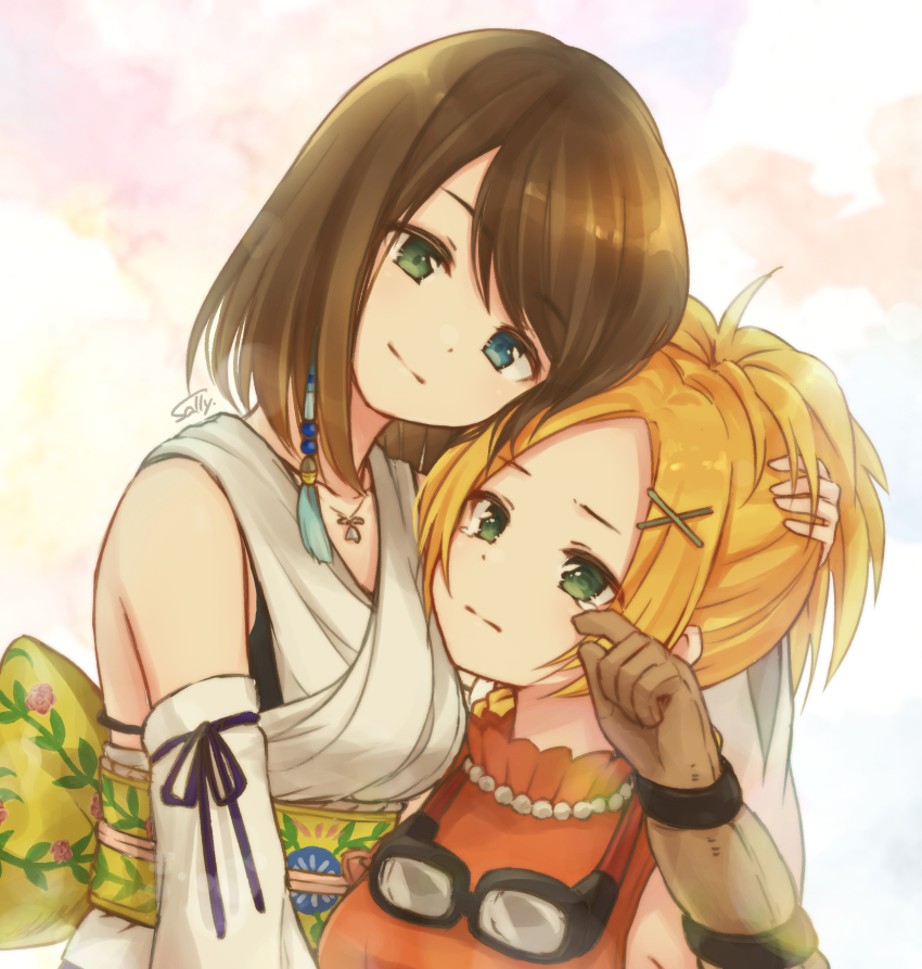 2girls, absurdres, blonde_hair, blue_eyes, brown_hair, closed_mouth, detached_sleeves, final_fantasy, final_fantasy_x, gloves, green_eyes, hair_ornament, hairclip, heterochromia, highres, japanese_clothes, jewelry, multiple_girls, necklace, rikku_(ff10), sally_(pacch0614), short_hair, smile, tearing_up, x_hair_ornament, yuna_(ff10)