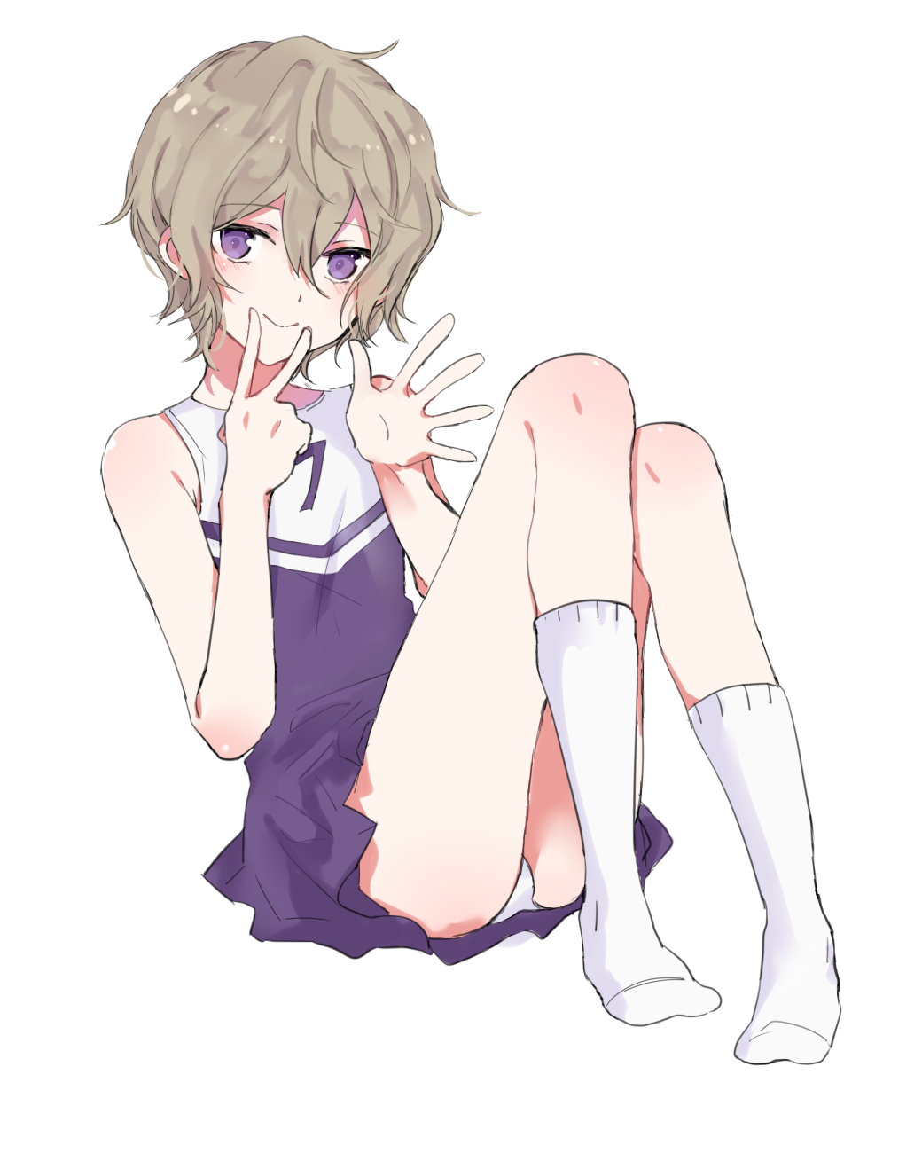 1boy, cheerleader, closed_mouth, crossdressing, crossdressing_(mtf), emil_(nier), grey_hair, highres, looking_at_viewer, nier, nier_(series), purple_eyes, retto, simple_background, sitting, skirt, smile, socks, solo, underwear, v, white_background