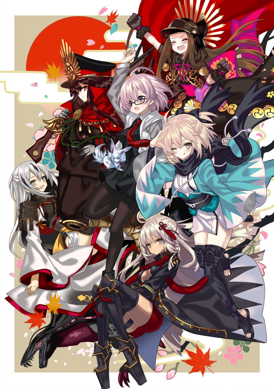 1other, 6+girls, ;q, ahoge, arm_up, armor, armored_boots, armored_dress, belt, belt_buckle, black-framed_eyewear, black_belt, black_bow, black_dress, black_footwear, black_gloves, black_hair, black_headwear, black_legwear, black_pants, black_scarf, black_shirt, blonde_hair, blush, boots, bow, breasts, brown_hair, brown_legwear, buckle, cape, chacha_(fate), cleavage, cleavage_cutout, closed_eyes, closed_mouth, clothing_cutout, collared_dress, commentary_request, creature, dark-skinned_female, dark_skin, dragon, dragon_girl, dress, expressionless, fate/grand_order, fate_(series), floating_hair, floral_background, fou_(fate), fur-trimmed_gloves, fur_trim, glasses, gloves, green_eyes, grey_jacket, gun, hair_between_eyes, hair_bow, hair_ornament, half_updo, hand_on_own_hip, haori, hat, hat_ornament, highres, holding, holding_gun, holding_weapon, jacket, japanese_armor, japanese_clothes, kimono, koha-ace, light_purple_hair, long_hair, long_sleeves, looking_at_viewer, looking_away, mash_kyrielight, medium_breasts, military, military_hat, military_uniform, mitsudomoe_(shape), multicolored_hair, multiple_girls, nagao_kagetora_(fate), neck_ribbon, necktie, obi, oda_nobunaga_(fate), oda_nobunaga_(koha-ace), oda_uri, okita_souji_(fate), okita_souji_(koha-ace), okita_souji_(third_ascension)_(fate), okita_souji_alter_(fate), okita_souji_alter_(second_ascension)_(fate), one_eye_closed, open_clothes, open_jacket, open_mouth, oryou_(dragon)_(fate), oryou_(fate), pants, pantyhose, pink_ribbon, platform_footwear, pom_pom_(clothes), ponytail, purple_eyes, red_cape, red_eyes, red_necktie, ribbon, sash, scarf, shino_(eefy), shinsengumi, shirt, short_hair, short_ponytail, shoulder_armor, sidelocks, sitting, sleeveless, sleeveless_kimono, smile, straight_hair, streaked_hair, sweatdrop, tassel, thighhighs, tomoe_(symbol), tongue, tongue_out, two-tone_hair, very_long_hair, weapon, white_hair, white_kimono, white_sleeves, wide_sleeves, yellow_eyes