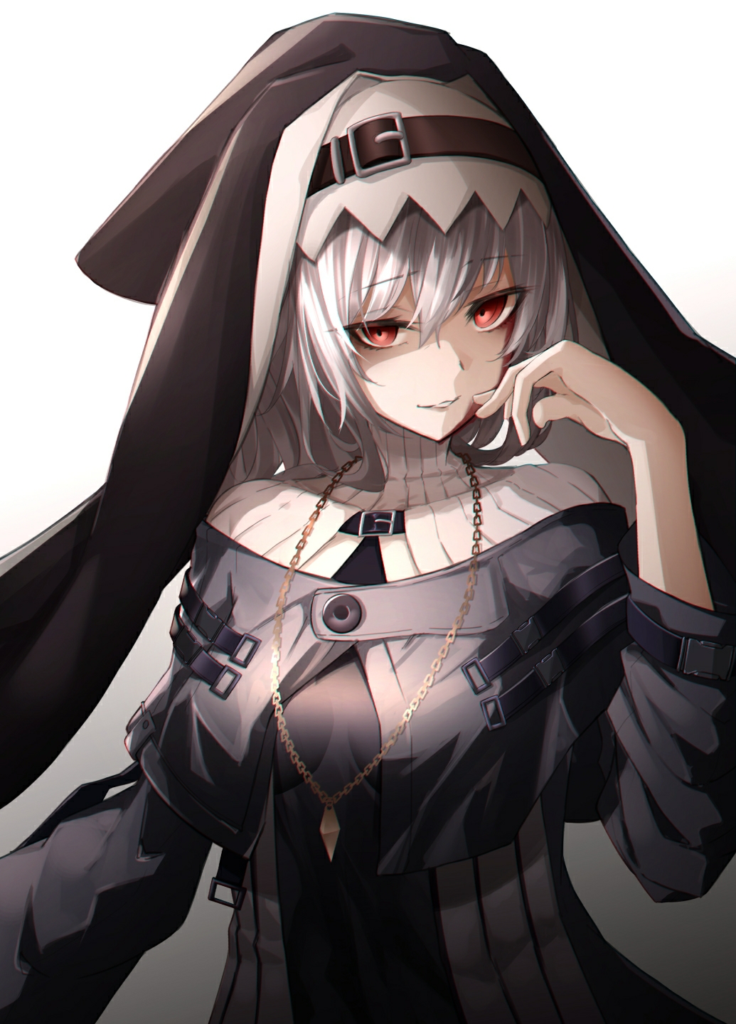1girl, arknights, black_capelet, black_dress, black_headwear, breasts, buckle, capelet