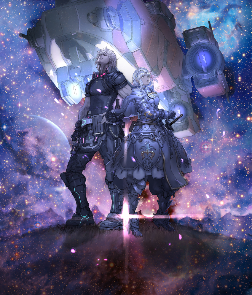 1boy, 1girl, armor, armored_dress, artist_request, black_footwear, black_gloves, black_shirt