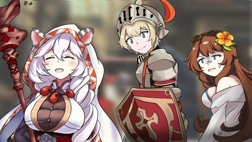 1boy, 2girls, absurdres, anger_vein, animal_ears, blue_eyes, blurry, blurry_background