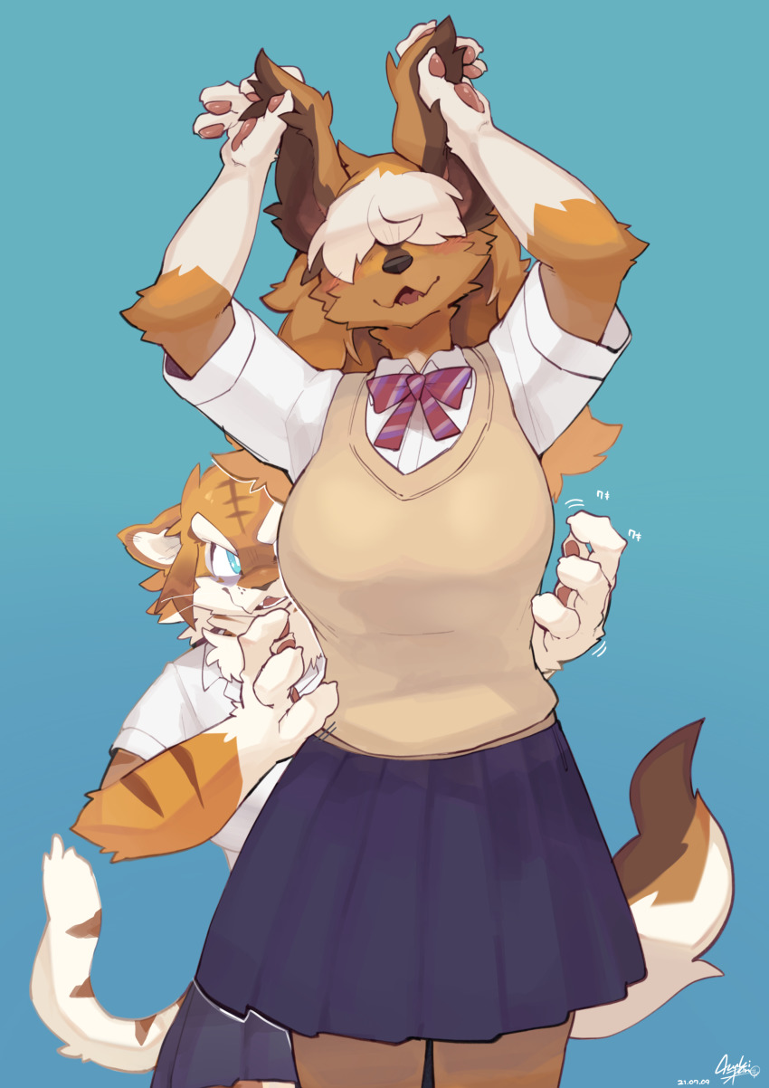 2girls, absurdres, animal_ears, azuki_pan, blue_background, blue_eyes, bow, bowtie