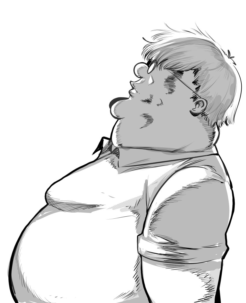 1boy, absurdres, comic_panel_redraw, commentary, derivative_work, english_commentary, family_guy, fat, fat_man, from_side, glasses, greyscale, hair_behind_ear, highres, kaneki_profile_picture_(meme), kowai_(iamkowai), leaning_back, looking_up, male_focus, meme, monochrome, nose, parody, peter_griffin, solo, tokyo_ghoul, tokyo_ghoul:re, white_background