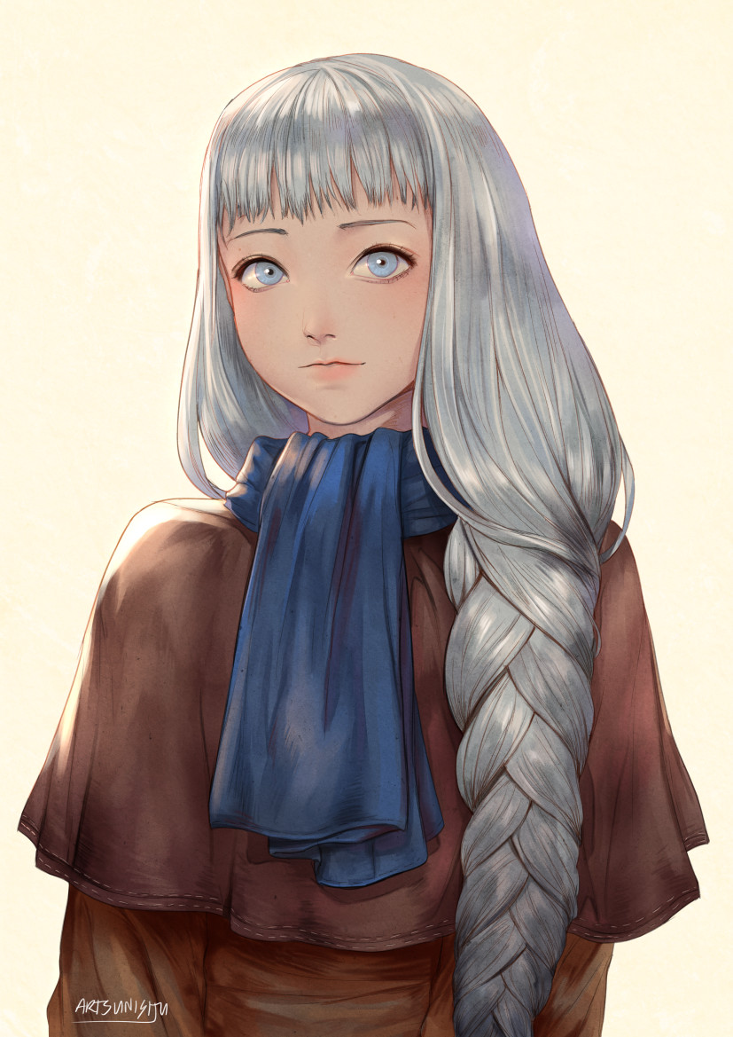 1girl, artsunisiju, blue_eyes, blue_scarf, braid, long_hair, looking_at_viewer, low-braided_long_hair