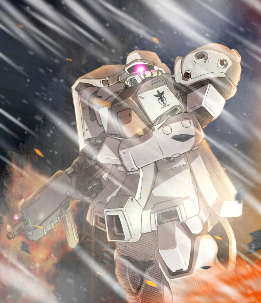 fire, fujikusa, glowing, glowing_eye, gun, gundam, gundam_the_plot_to_assassinate_gihren, highres