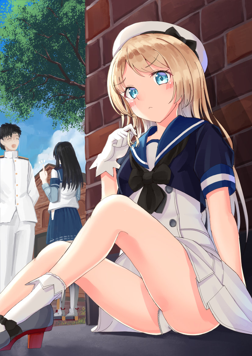 1boy, 2girls, admiral_(kancolle), against_wall, blonde_hair, blue_eyes, blue_sailor_collar, blue_sky