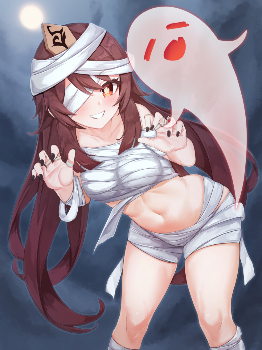 1girl, bandage_over_one_eye, bandages, bent_over, black_nails, blush, breasts, brown_eyes, brown_hair, chest_sarashi, chinese_commentary, collarbone, commentary_request, fang, feet_out_of_frame, flower-shaped_pupils, genshin_impact, ghost, grin, halloween, highres, hu_tao_(genshin_impact), jewelry, knees, kurotsubete, large_breasts, long_hair, looking_at_viewer, moon, mummification_(non_bound), mummy_costume, nail_polish, navel, ring, sarashi, sidelocks, smile, solo, standing, stomach, symbol-shaped_pupils, teeth, thighs, two_side_up, upper_body