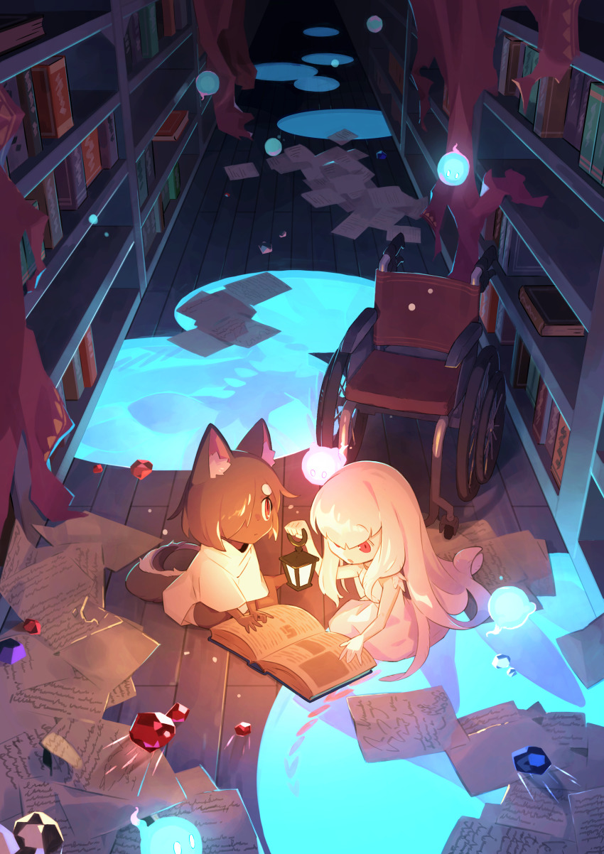 2girls, absurdres, animal_ears, book, brown_hair, child, dark, dark-skinned_female