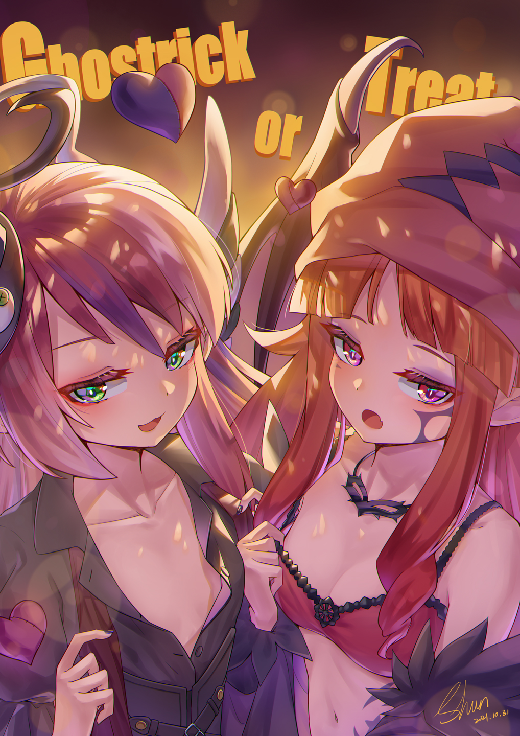 2girls, :d, bare_shoulders, black_headwear, black_nails, black_shirt, breasts, brown_hair, brown_headwear, brown_wings, cleavage, collarbone, collared_shirt, commentary_request, dated, dress_shirt, duel_monster, ghostrick_angel_of_mischief, ghostrick_socuteboss, green_eyes, hand_up, hat, heart, highres, long_hair, looking_at_viewer, multiple_girls, nail_polish, navel, open_mouth, pointy_ears, purple_eyes, shirt, shun_no_shun, sidelocks, signature, small_breasts, smile, tilted_headwear, trick_or_treat, wings, yu-gi-oh!