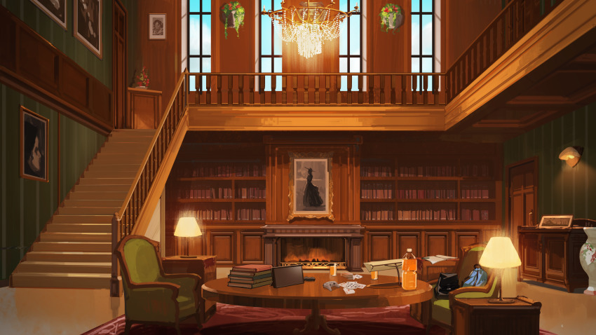 absurdres, book, bookshelf, chair, cloud, copyright_request, day, door