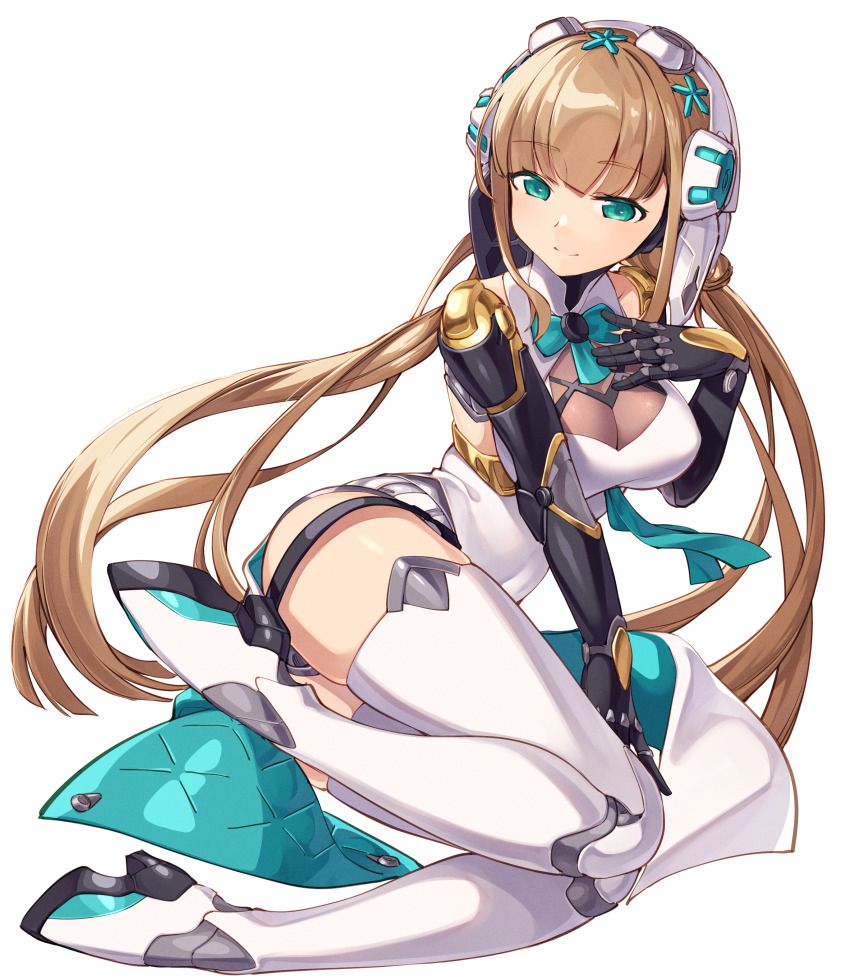 1girl, absurdres, aqua_eyes, azure_striker_gunvolt, boots, breasts, brown_hair, cleavage, dress, gunvolt_chronicles_luminous_avenger_ix, headgear, highres, joints, kei_(soundcross), large_breasts, long_hair, looking_at_viewer, mechanical_arms, mechanical_legs, null_(gunvolt), pelvic_curtain, robot_joints, smile, solo, thigh_boots, thighhighs, twintails, white_boots, white_dress