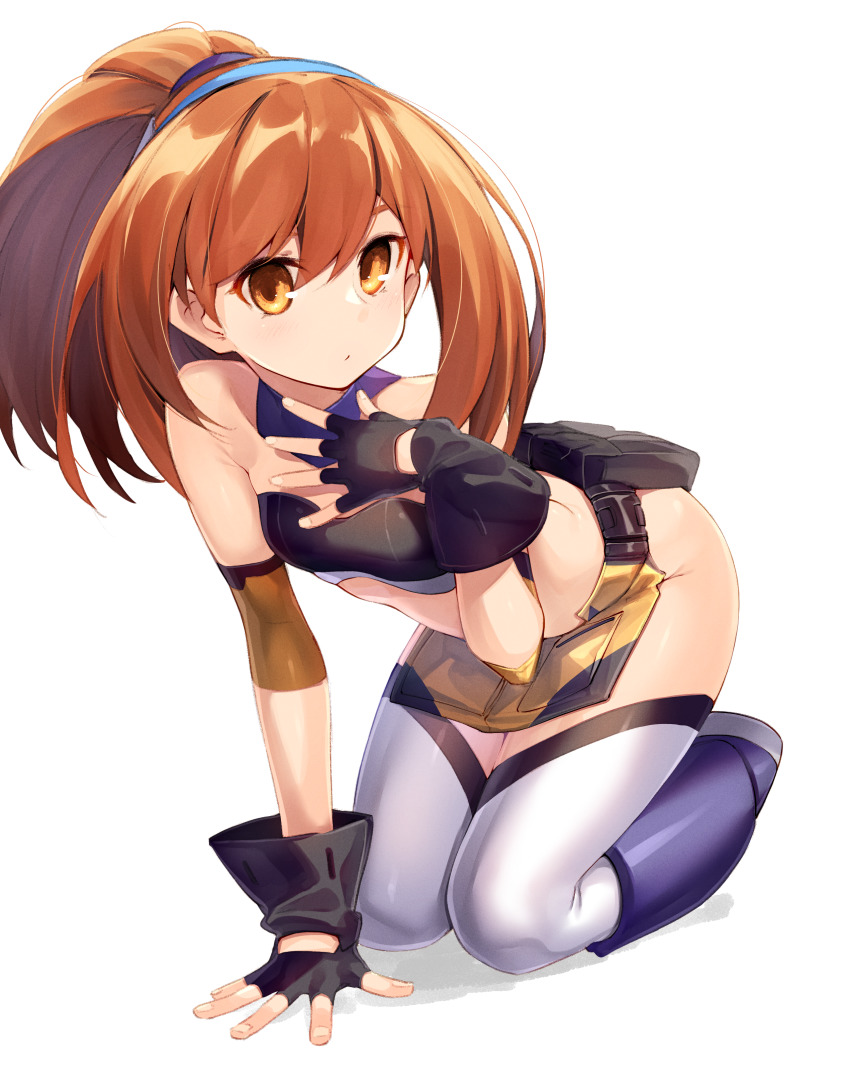 1girl, absurdres, azure_striker_gunvolt, bandeau, bare_shoulders, belt, black_gloves, blue_boots