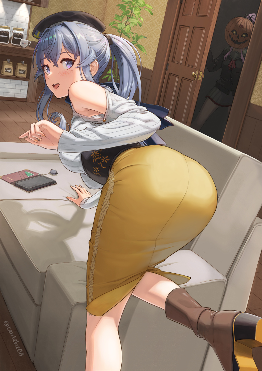 2girls, all_fours, alternate_costume, ass, blue_eyes, blue_hair, blush, boots