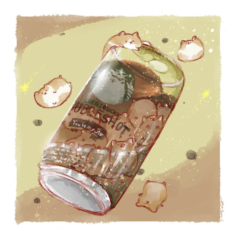 animal, can, canned_coffee, dog, drink_can, food, food_focus, no_humans, original, surreal, transparent, welsh_corgi, zac-chen