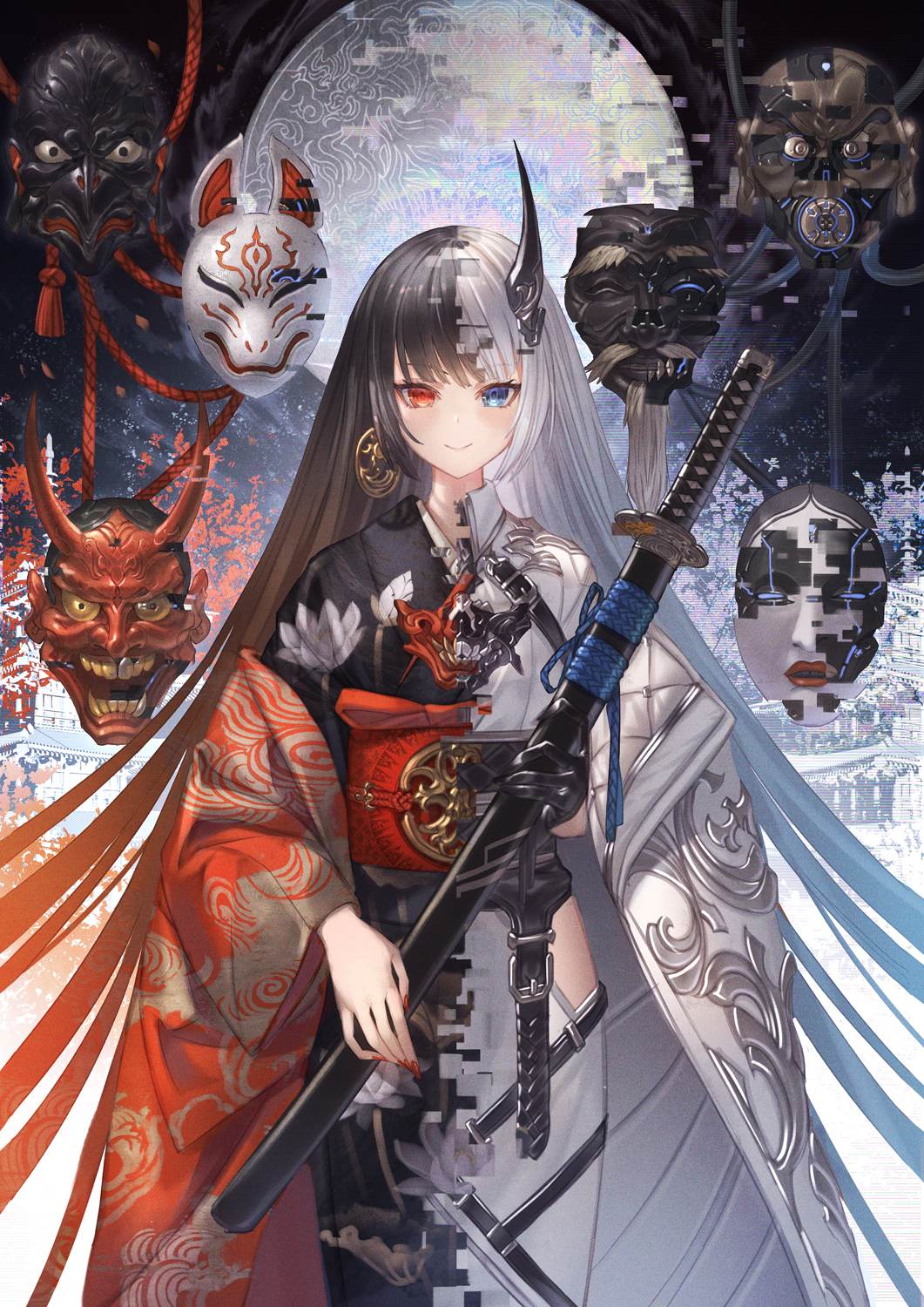 1girl, belt, black_gloves, black_hair, blue_hair, building, digital_dissolve, earrings, floating, floating_object, fox_mask, gloves, gradient_hair, highres, holding, holding_sword, holding_weapon, horns, japanese_clothes, jewelry, kimono, long_hair, long_sleeves, makai_no_juumin, mask, mask_around_neck, moon, multicolored_hair, nail_polish, noh_mask, obi, okina_mask, oni_mask, orange_hair, original, red_eyes, red_nails, sash, sheath, sheathed, shoulder_belt, skull_mask, solo, split_theme, sword, tree, very_long_hair, weapon, white_hair, white_theme