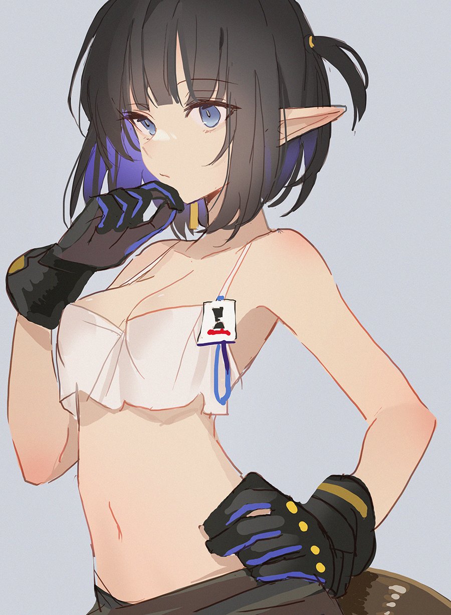 1girl, arknights, awa_iro, bare_shoulders, black_hair, blue_eyes, blue_hair, blunt_bangs, breasts, camisole, cleavage, closed_mouth, colored_inner_hair, crop_top, eunectes_(arknights), eunectes_(forgemaster)_(arknights), gloves, hand_on_own_chin, highres, multicolored_hair, navel, official_alternate_costume, pointy_ears, short_hair, simple_background, solo, two-tone_hair