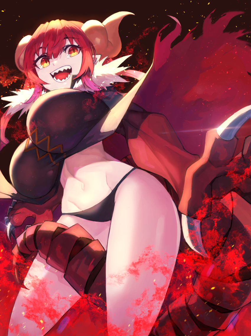 1girl, absurdres, black_background, breasts, cloak, dawito, dragon_claw, dragon_girl, dragon_horns, dragon_tail, fire, highres, horns, huge_breasts, ilulu_(maidragon), kobayashi-san_chi_no_maidragon, looking_to_the_side, midriff, no_pants, open_mouth, orange_eyes, red_hair, sharp_teeth, shortstack, slit_pupils, standing, tail, teeth