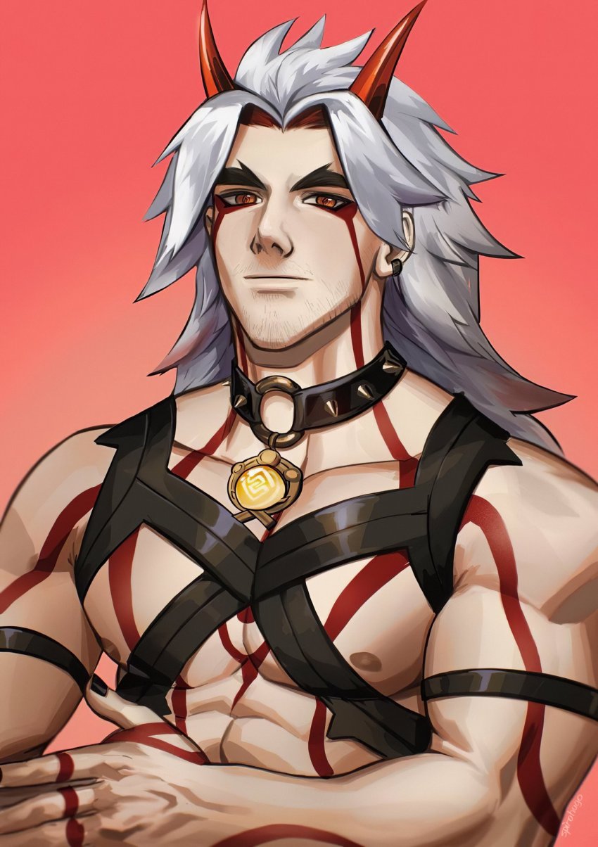 1boy, abs, arataki_itto, body_markings, bracelet, chest_harness, facial_hair, genshin_impact, harness, highres, horns, jewelry, long_hair, muscular, nipples, oni, oni_horns, red_eyes, seupil_hyugo_(spirohugo), stubble, tattoo, vision_(genshin_impact), white_hair