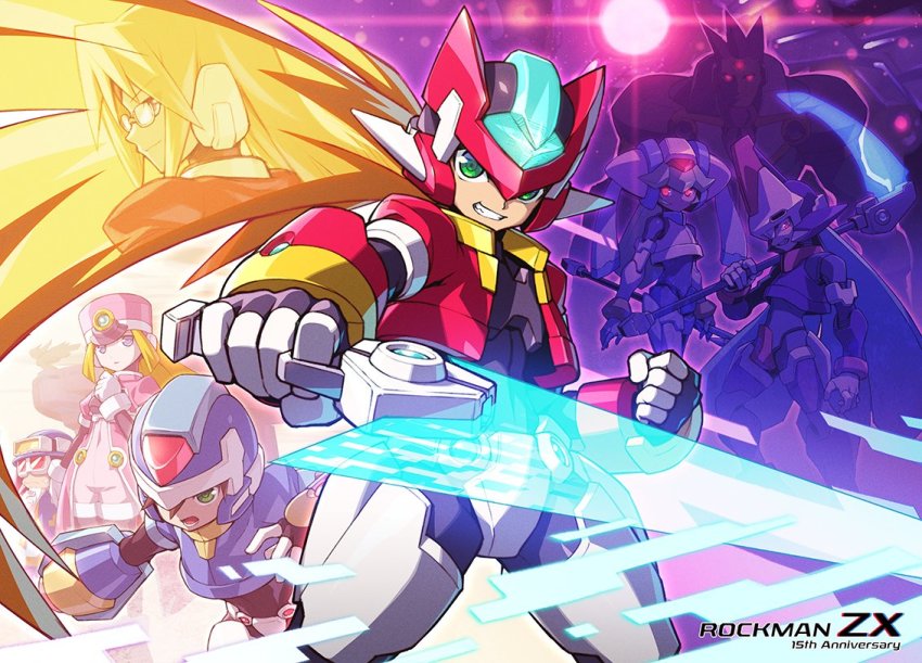 aile_(mega_man_zx), arm_cannon, armor, blonde_hair, blue_helmet, brown_hair, coat, cropped_jacket