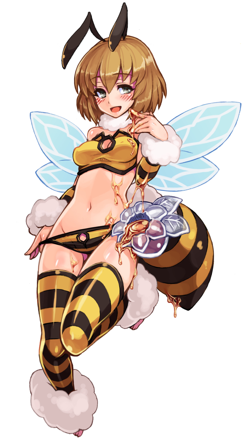 1girl, :d, absurdres, antennae, arthropod_girl, bee_girl, blush, brown_hair