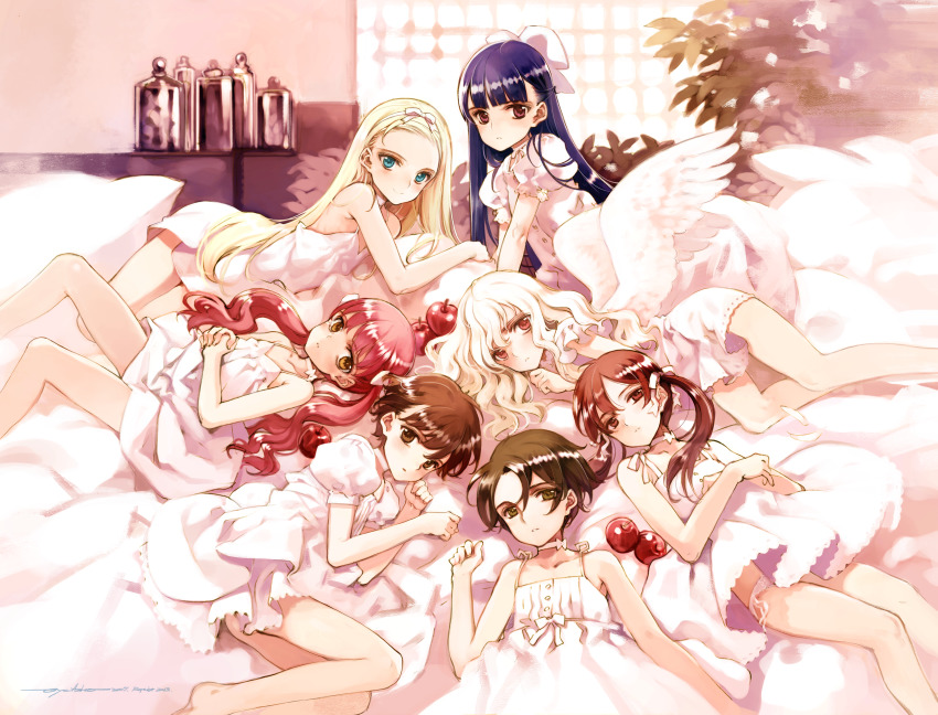 6+girls, absurdres, angel_wings, apple, bare_legs, bare_shoulders, barefoot, blonde_hair, blue_eyes, blue_hair, blush, bottle, bow, brown_eyes, brown_hair, dated, dress, expressionless, feathered_wings, flat_chest, food, fruit, hair_bow, hair_ribbon, highres, indoors, juliet_sleeves, kagamiya_rin, kawasaki_yukina, koishikawa_kohane, loli, long_hair, long_sleeves, looking_at_viewer, lying, mizuhara_tsuzumi, multiple_girls, nightgown, on_back, on_side, onodera_asahi, ooyari_ashito, orange_eyes, own_hands_together, panties, panty_peek, parted_lips, period, pillow, pink_hair, pink_theme, puffy_sleeves, red_eyes, redrawn, ribbon, sawatari_aoi, short_hair, signature, sleeveless, sleeveless_dress, smile, twintails, underwear, white_bow, white_dress, white_hair, white_panties, white_ribbon, window, wings, yazuki_miyu
