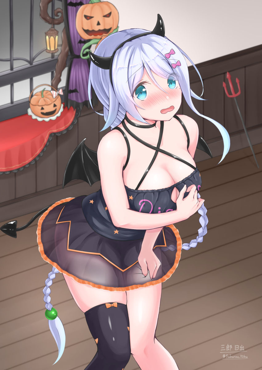 1girl, bare_shoulders, bat_wings, blue_eyes, blush, braid, breasts, choker