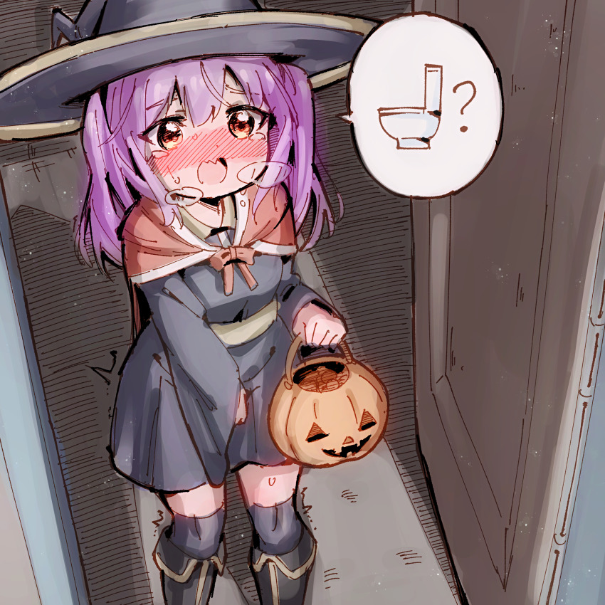 1girl, absurdres, basket, between_legs, black_dress, black_footwear, black_headwear, black_thighhighs, blush, boots, bow, bowtie, breath, capelet, door, dress, embarrassed, female_focus, flat_chest, from_above, halloween, halloween_bucket, hand_between_legs, hat, have_to_pee, highres, holding, holding_basket, holding_halloween_bucket, indoors, knee_boots, long_hair, long_sleeves, looking_up, nose_blush, open_mouth, orange_eyes, original, pink_hair, red_bow, red_bowtie, red_capelet, restroom_symbol, rita_(rune_(dualhart)), rune_(dualhart), sash, short_dress, sidelocks, speech_bubble, standing, sweat, talking, tears, thighhighs, toilet, trembling, twintails, wavy_mouth, wide_sleeves, witch, witch_hat, zettai_ryouiki