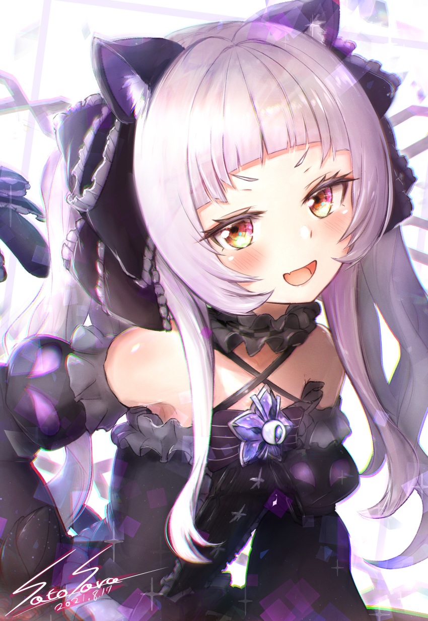 1girl, :d, absurdres, animal_ear_fluff, animal_ears, bare_shoulders, black_dress, black_sleeves