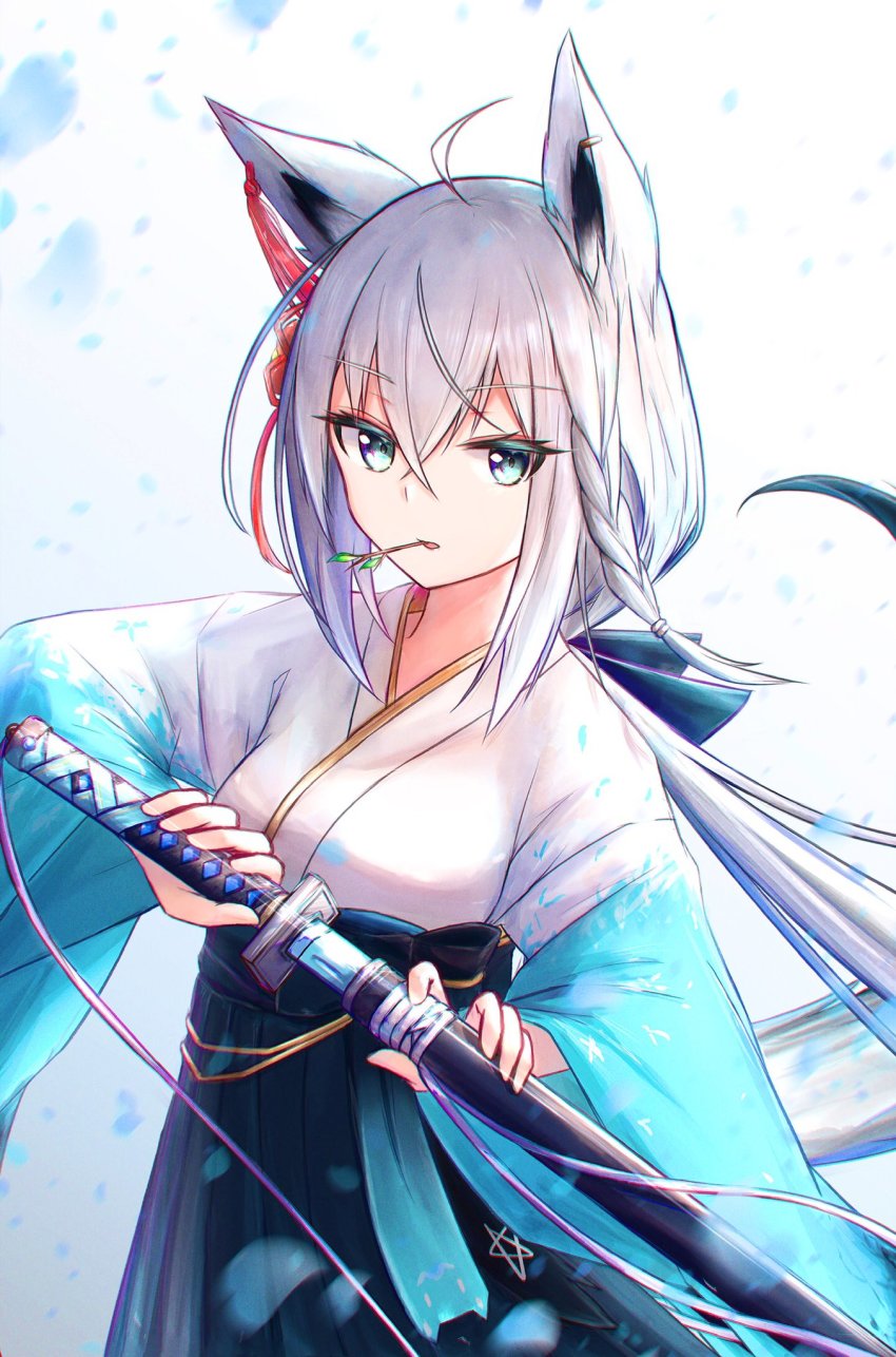 1girl, ahoge, animal_ear_fluff, animal_ears, bad_id, bad_twitter_id, black_ribbon, blue_eyes