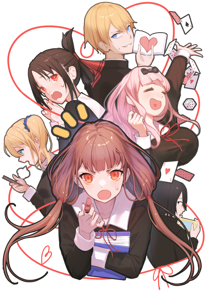 2boys, 4girls, ace_(playing_card), ace_of_hearts, ace_of_spades, binder, blonde_hair, blue_eyes, blunt_bangs, book, bow, breasts, card, dice, folded_ponytail, fujiwara_chika, hair_bow, handheld_game_console, hayasaka_ai, heart, heart-shaped_pupils, heart_of_string, holding, holding_book, holding_phone, holding_whistle, iino_miko, ishigami_yuu, kaguya-sama_wa_kokurasetai_~tensai-tachi_no_renai_zunousen~, large_breasts, laughing, long_hair, looking_at_another, looking_at_viewer, looking_back, medium_breasts, multiple_boys, multiple_girls, notice_lines, orange_eyes, phone, playing_card, red_eyes, shinomiya_kaguya, shirogane_miyuki, side_ponytail, sigh, simple_background, smile, spade_(shape), sweatdrop, symbol-shaped_pupils, twintails, upper_body, whistle, white_background, ya99ru