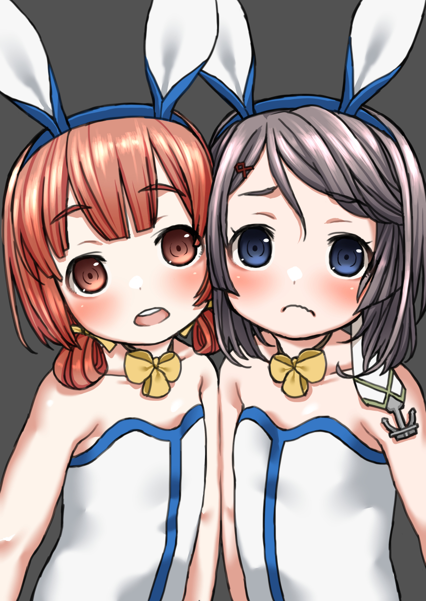 2girls, animal_ears, blue_eyes, blush, brown_hair, fake_animal_ears, grey_hair, harukaze_unipo
