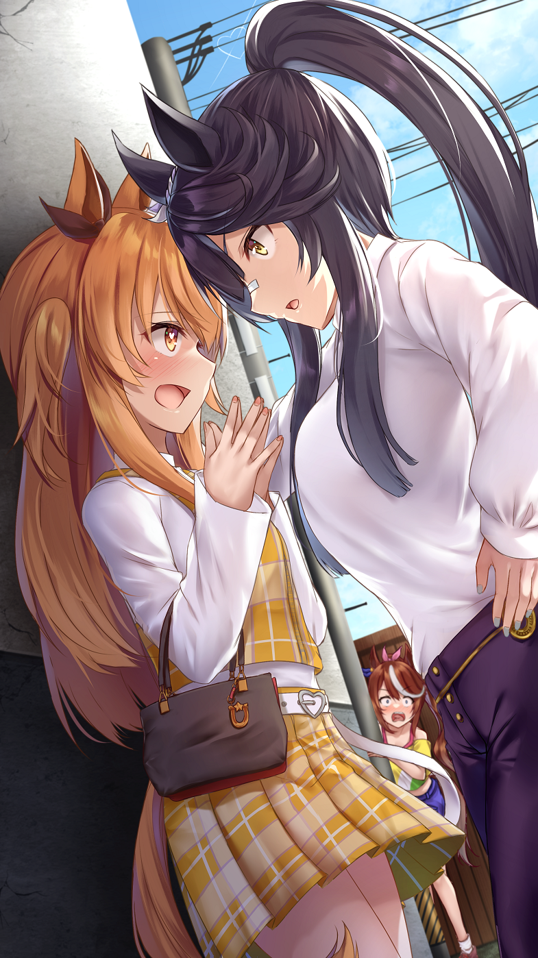 3girls, animal_ears, bag, bandaid, bandaid_on_face, bandaid_on_nose, black_hair, brown_hair, caught, checkered_clothes, checkered_skirt, dutch_angle, elbow_carry, eye_contact, handbag, heart, heart-shaped_pupils, highres, horse_ears, horse_girl, horse_tail, kabedon, looking_at_another, mayano_top_gun_(casual)_(umamusume), mayano_top_gun_(umamusume), merxkialis, multiple_girls, narita_brian_(casual)_(umamusume), narita_brian_(umamusume), ponytail, shirt, skirt, striped_clothes, striped_shirt, surprised, symbol-shaped_pupils, tail, tokai_teio_(casual)_(umamusume), tokai_teio_(umamusume), umamusume, yuri