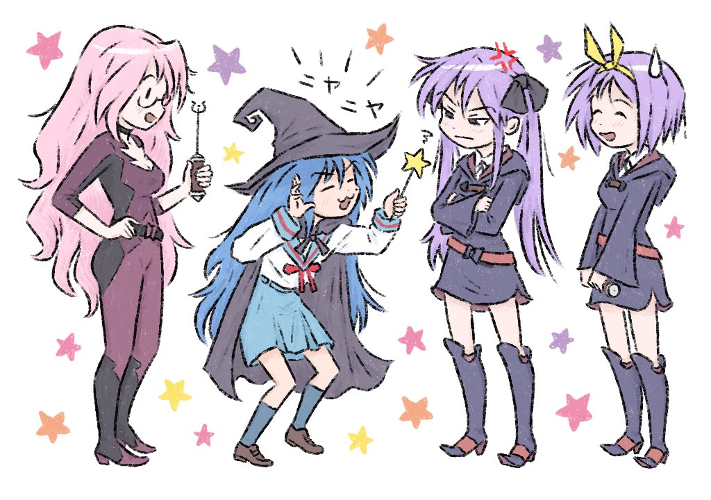 4girls, :3, anger_vein, belt, blue_hair, blush, breasts, cape, cleavage, cosplay, crossed_arms, glasses, hair_ribbon, hand_on_own_thigh, hat, hiiragi_kagami, hiiragi_tsukasa, izumi_konata, large_breasts, little_witch_academia, long_hair, lucky_star, luna_nova_school_uniform, mole, mole_under_eye, multiple_girls, nagato_yuki, nagato_yuki_(cosplay), open_mouth, pink_hair, pleated_skirt, purple_hair, ribbon, ryouou_school_uniform, school_uniform, serafuku, shiny_chariot, shiny_chariot_(cosplay), short_hair, simple_background, skirt, smile, star_(symbol), suzumiya_haruhi_no_yuuutsu, sweatdrop, takara_miyuki, truffleduster, tsurime, twintails, very_long_hair, wand, white_background, witch_hat