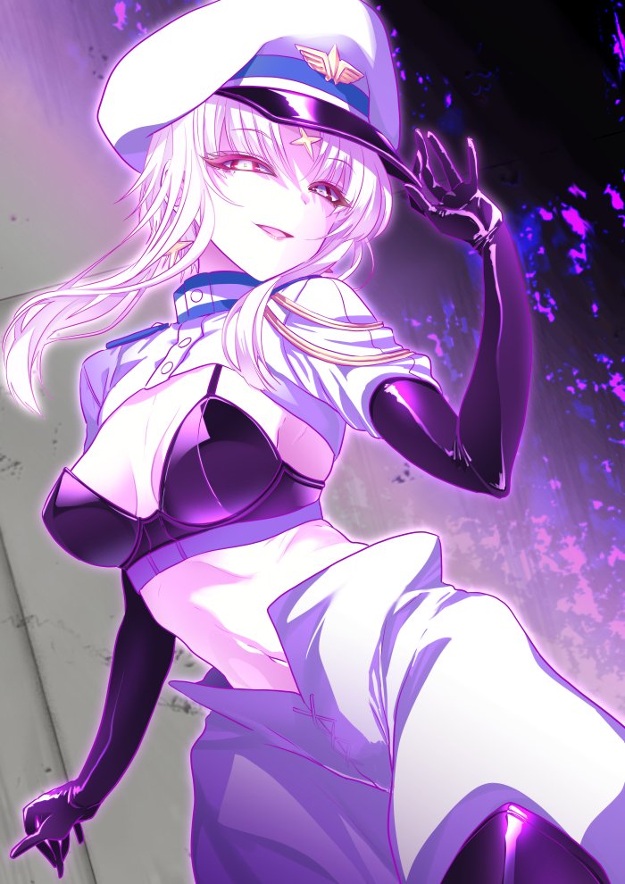 1girl, black_boots, black_gloves, boots, breasts, breasts_apart, cleavage, colored_skin