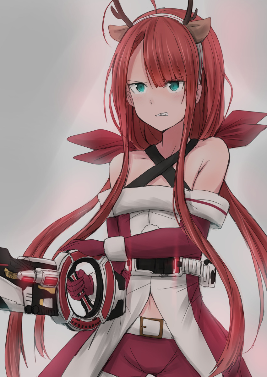1girl, absurdres, ahoge, angry, antlers, bare_shoulders, beam_cannon, belt