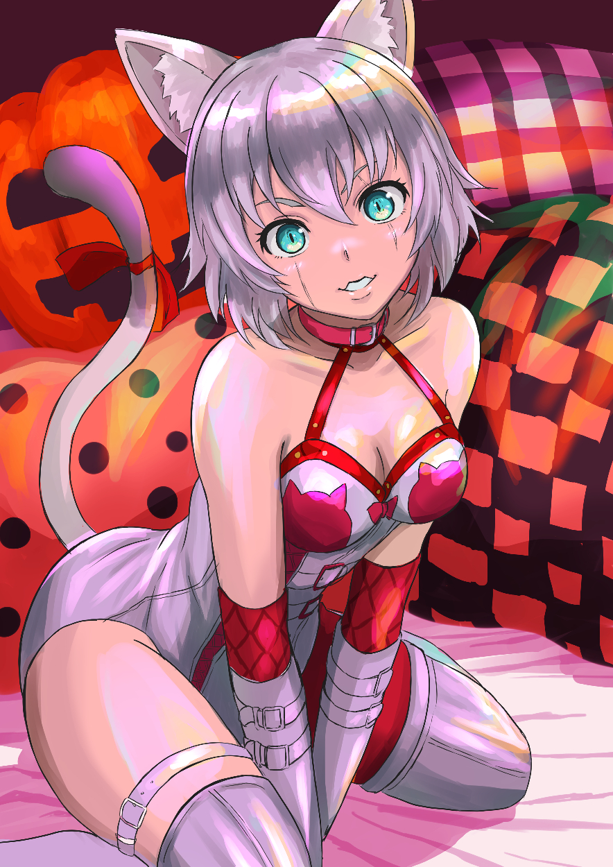 1girl, animal_ear_fluff, animal_ears, animal_print, asymmetrical_clothes, bare_shoulders, breasts, cat_ears